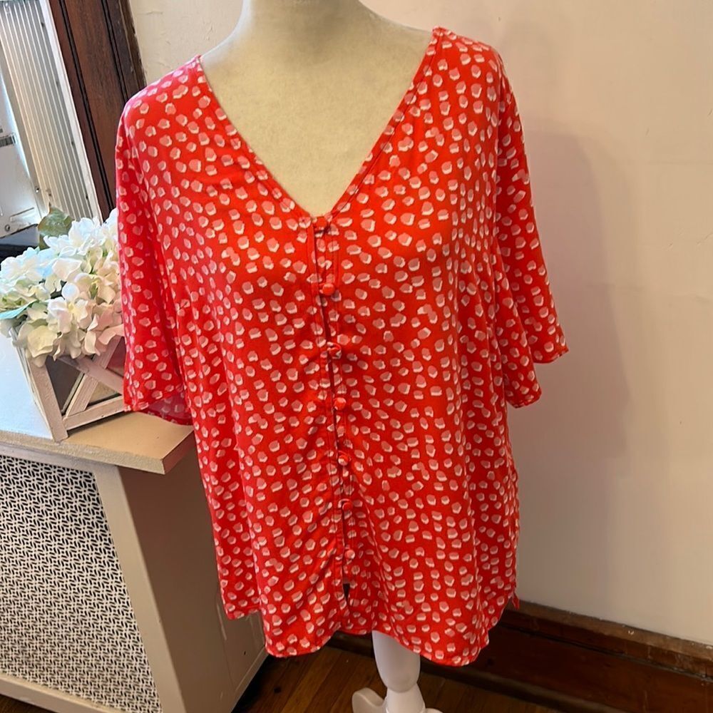 Joules red white short sleeve button front blouse Size 10 New
